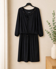 Nine West Black Gold Grommet Tie Neck Dress Women’s XL 3/4 Sleeve Midi