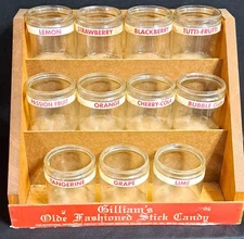 ANTIQUE GILLIHAMS CANDY STICK GLASS HOLDER JARS IN WOOD STORE DISPLAY RARE