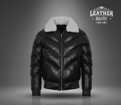 Men's Ace Puffer Leather Jacket Black Sheepskin Soft Collar WARM Bomber Jacket