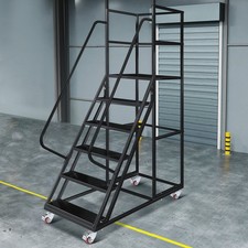 Rolling Ladder 6-Step Warehouse Ladder Platform Height 27.5" w/ Lockable Wheels