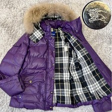 Burberry Blue Label Purple Down Coat Faux Fur Hood Womens S Check Japan 3Way