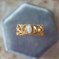 Damen Ring Opal Mondstein Blume 18K Vergoldet Verstellbar Offener Vintage Ring