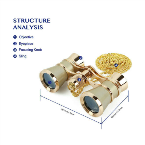 3X25 Vintage Opera Glasses Optical Prism Theater Binoculars With Chain Golden - Picture 3 of 7