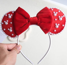 Red Velvet Mouse Ears Headband with Pearl  Bow, Hair Accessories, Red, One Size