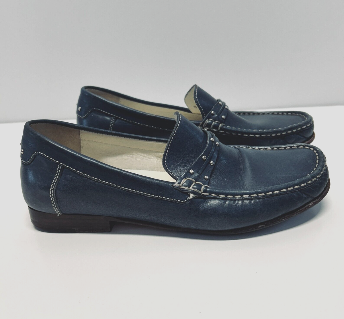 Cole Haan Shoes Sz B Blue Leather Edie Moc Loafer Slip On White Stitch  Stud