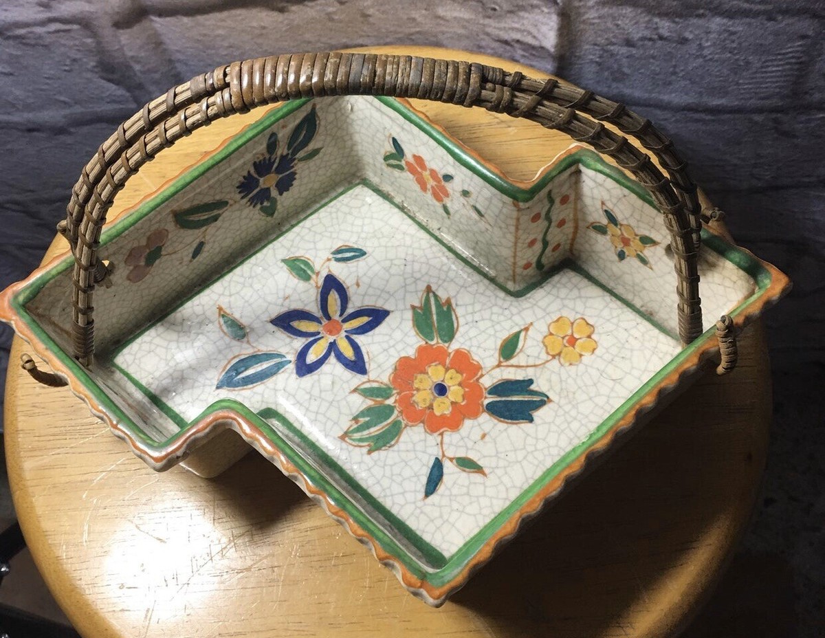 Vintage Hand Painted Ceramic Floral Design 8 Sided Handled Basket