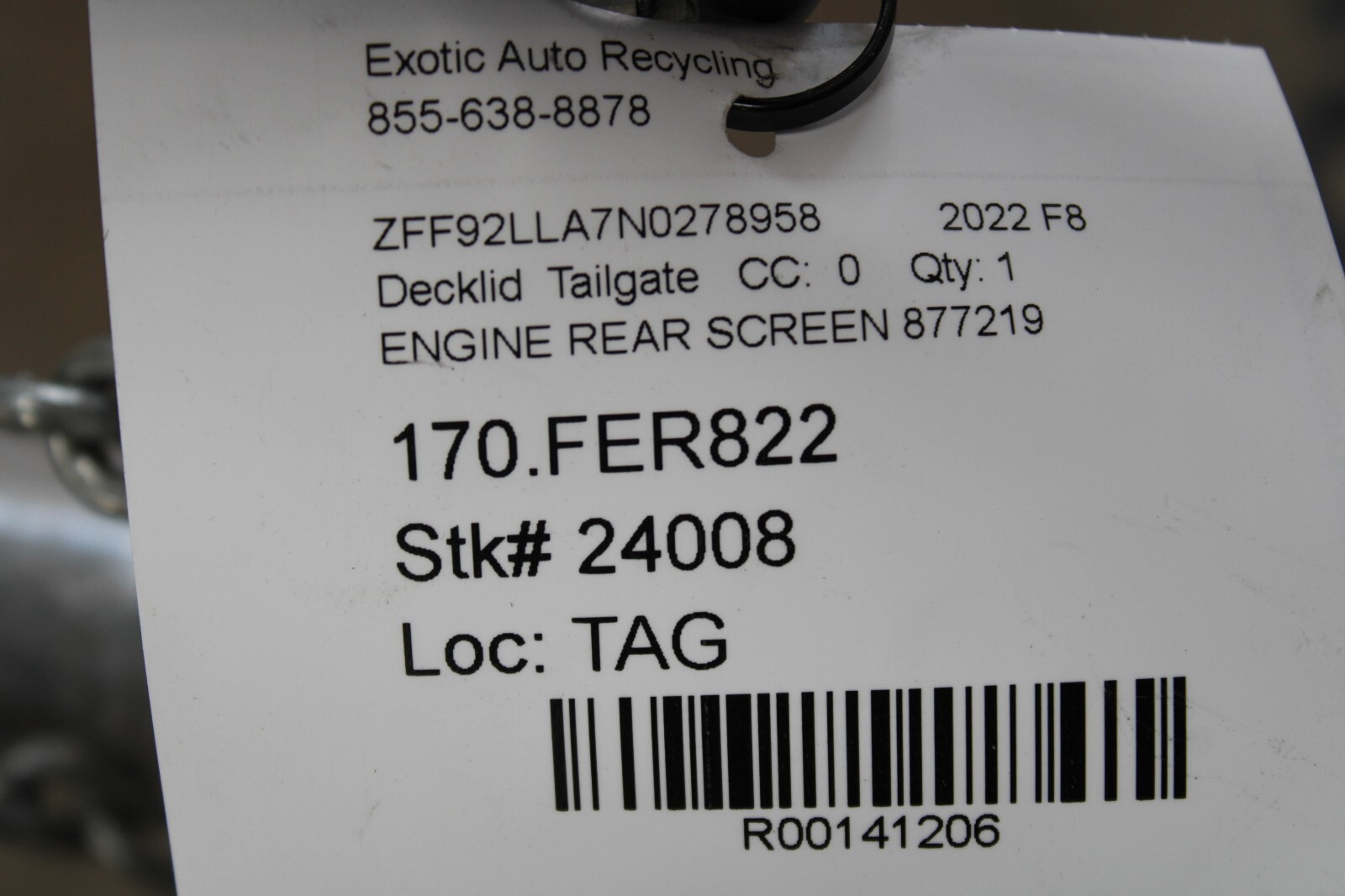 Ferrari F8 Tributo, Decklid Tailgate, Scuffed/Scratches, Used, P/N 877219