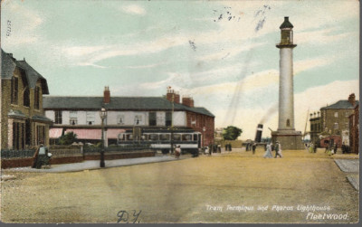Fleetwood, Lancashire - Pharos (Leuchtturm), Straßenbahnen - USA Briefmarke & PMK 1907