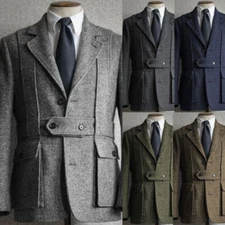 Vintage Men Safari Jacket with Belt Tweed British Style Business Hunting Coat