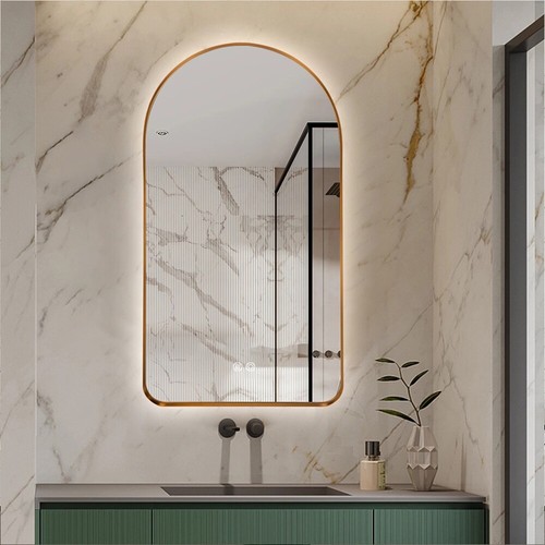 Arched LED Mirror Gold 90x50cm Bevel Backlit Dimmable Defogger Touch Sensor Glow - Picture 3 of 16
