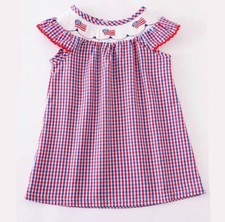AnnLoren Red Blue 4th of July American Flag Gingham Dress Girls Size 6
