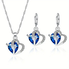 Blue Heart Crystal Earrings Pendant Necklace Set Jewelry Women Fashion Gift New