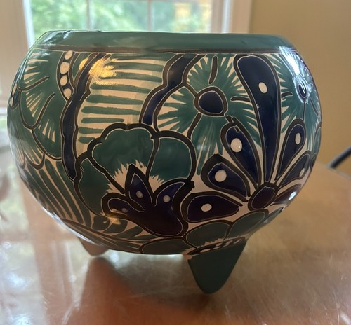 Talavera Style Flower Pot Turquoise & Blue Over White Clay - Excellent Condition - Picture 2 of 12