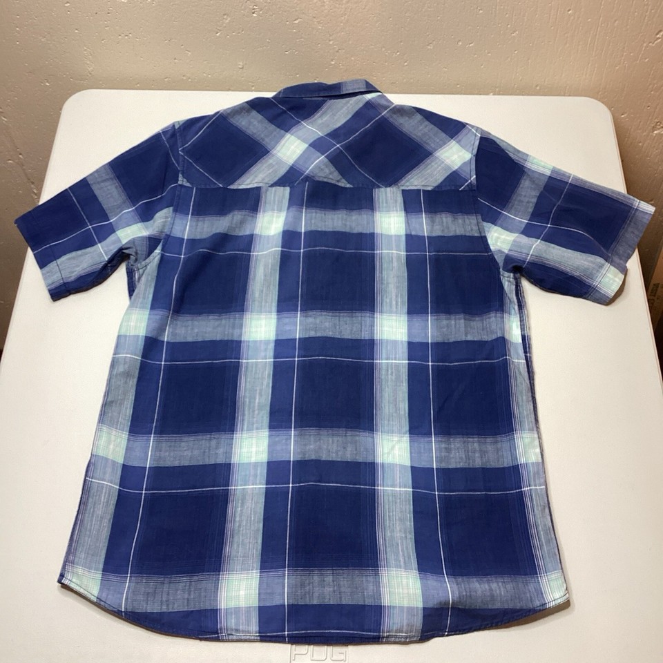 Kavu Mens L Button Down Short Sleeve Cotton Shirt Blue Green Plaid ...