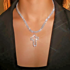 Luxury Multilayer Rhinestone Cross Pendant Necklace Shiny Silvery Jewelry Women