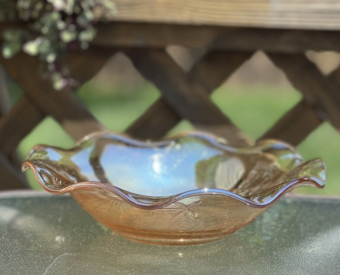 Peach Iridescent Ruffled Edge Fruit Bowl Jeannette Floragold Carnival Glass