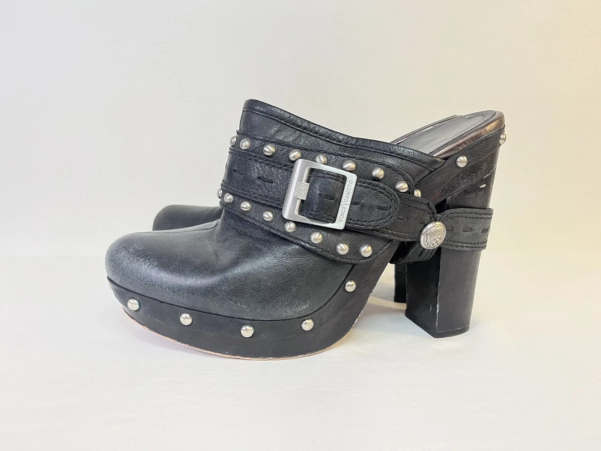 Vince Camuto Womans Size 9.5 Black Crackled Buckle Studded Clogs