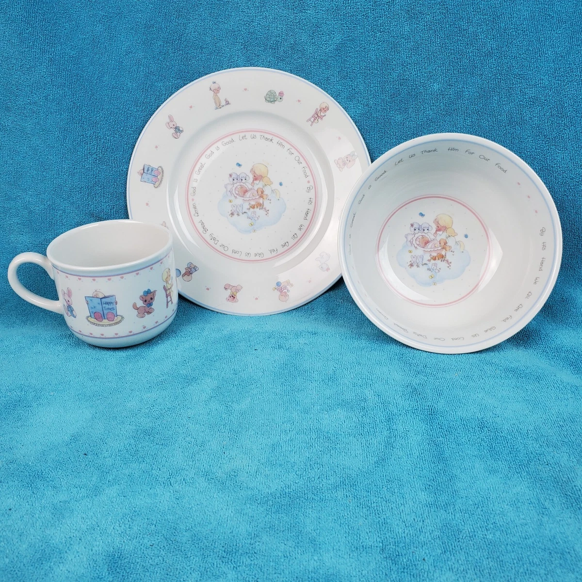 3PC 1991 VINTAGE PRECIOUS MOMENTS CHILDREN KIDS BABIES DINNERWARE PLATE BOWL CUP