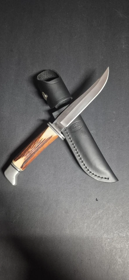 Buck 105 Hunting Fixed Blade Knife Stag Antler Custom 2025 Leather Sheath - Image 3 of 4