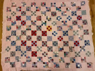 Vintage 1930's Quilt top 9 Patch Feed Sack fabrics 71 x84"