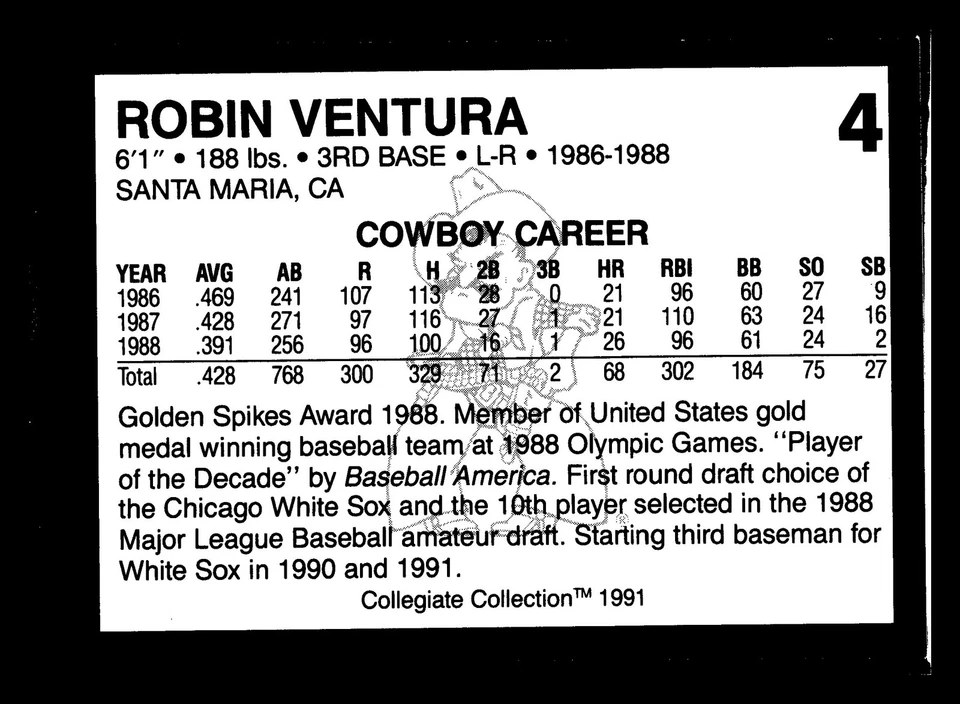 1991 Collegiate Collection Oklahoma State Cowboys #4 Robin Ventura OSU - Image 2 of 2