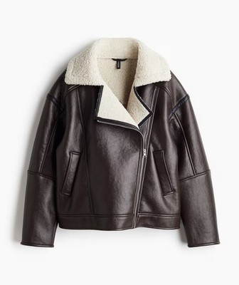 H&M Divided Dark Brown Teddy Jacket with Cream Sherpa Vegan New Biker