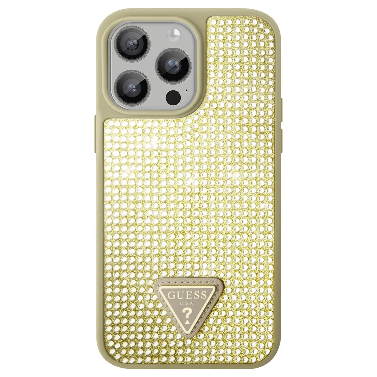 Coque Guess pour iPhone 15 Pro Triangle Diamant Dorée idéale en soirée
