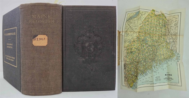1927 antique MAINE BUSINESS DIRECTORY w FOLDOUT MAP history ads genealogy