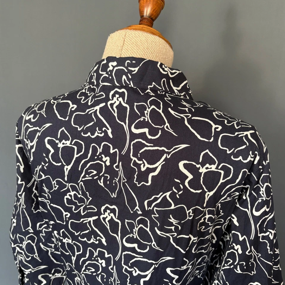 eShakti Dress | Size XL 18 | Navy White Floral Button Front Belted 3/4 Sleeve - Image 4 of 4