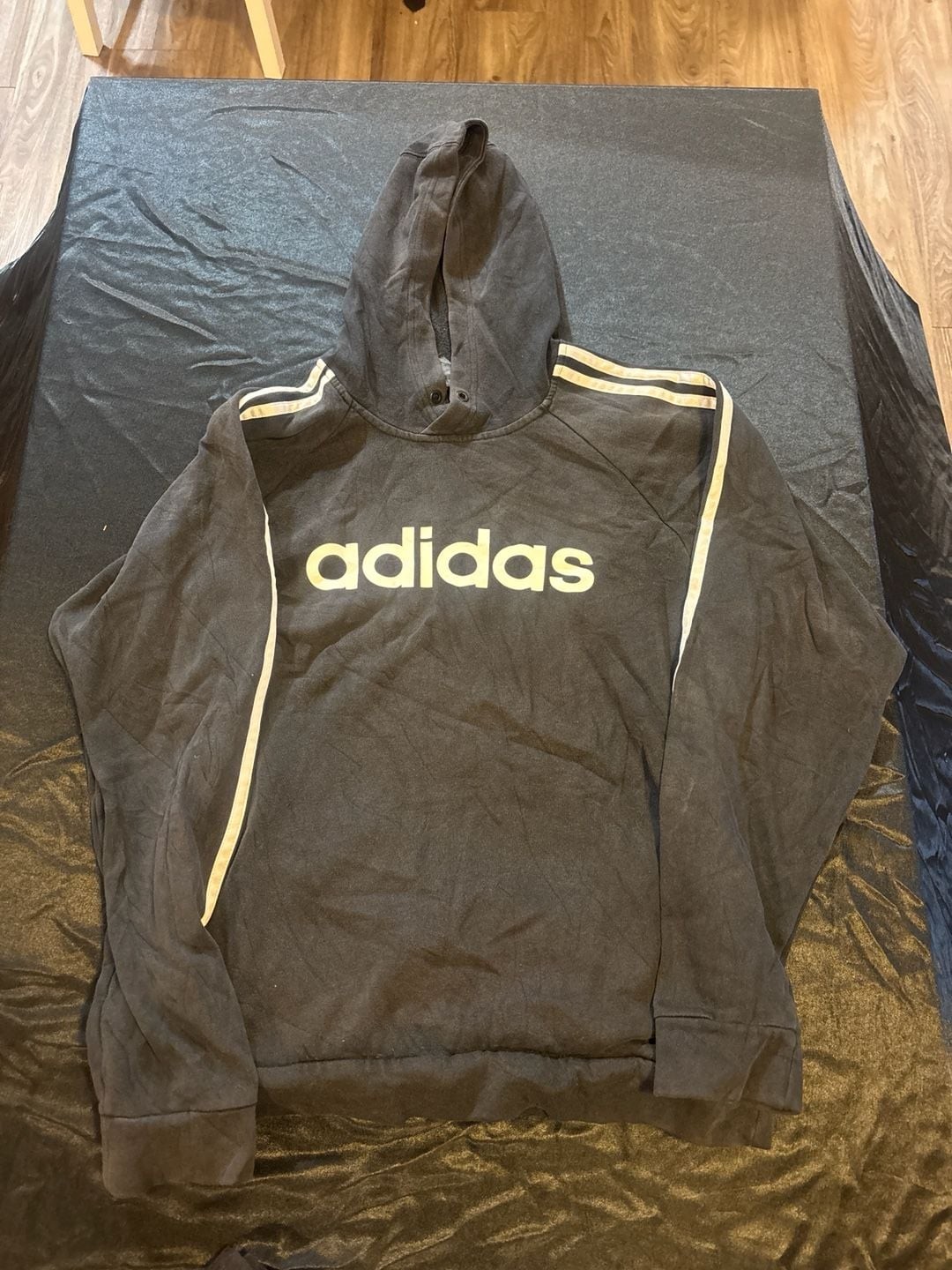 Adidas Men's Black Fleece Pullover Hoodie with Center Spell Out Logo and Three S