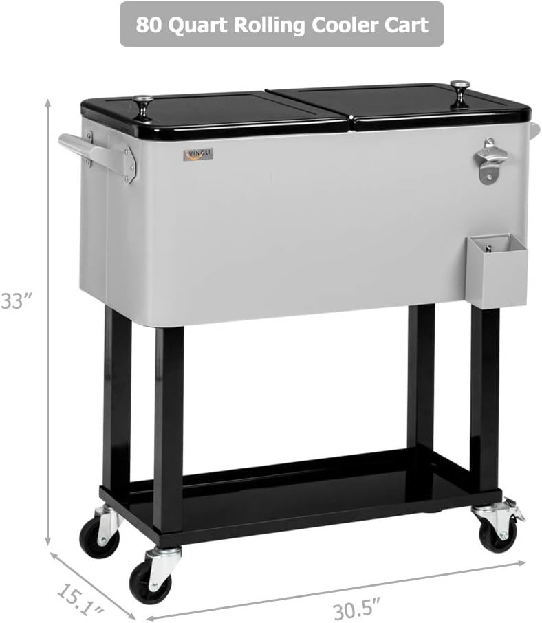 Rolling Ice Chest Cart Portable Patio Drink Cooler with Shelf & Bottle Opener