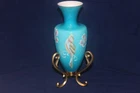 Fenton Landmark Collection 1905-2005 Turquoise Hand Painted Vase w/ Stand
