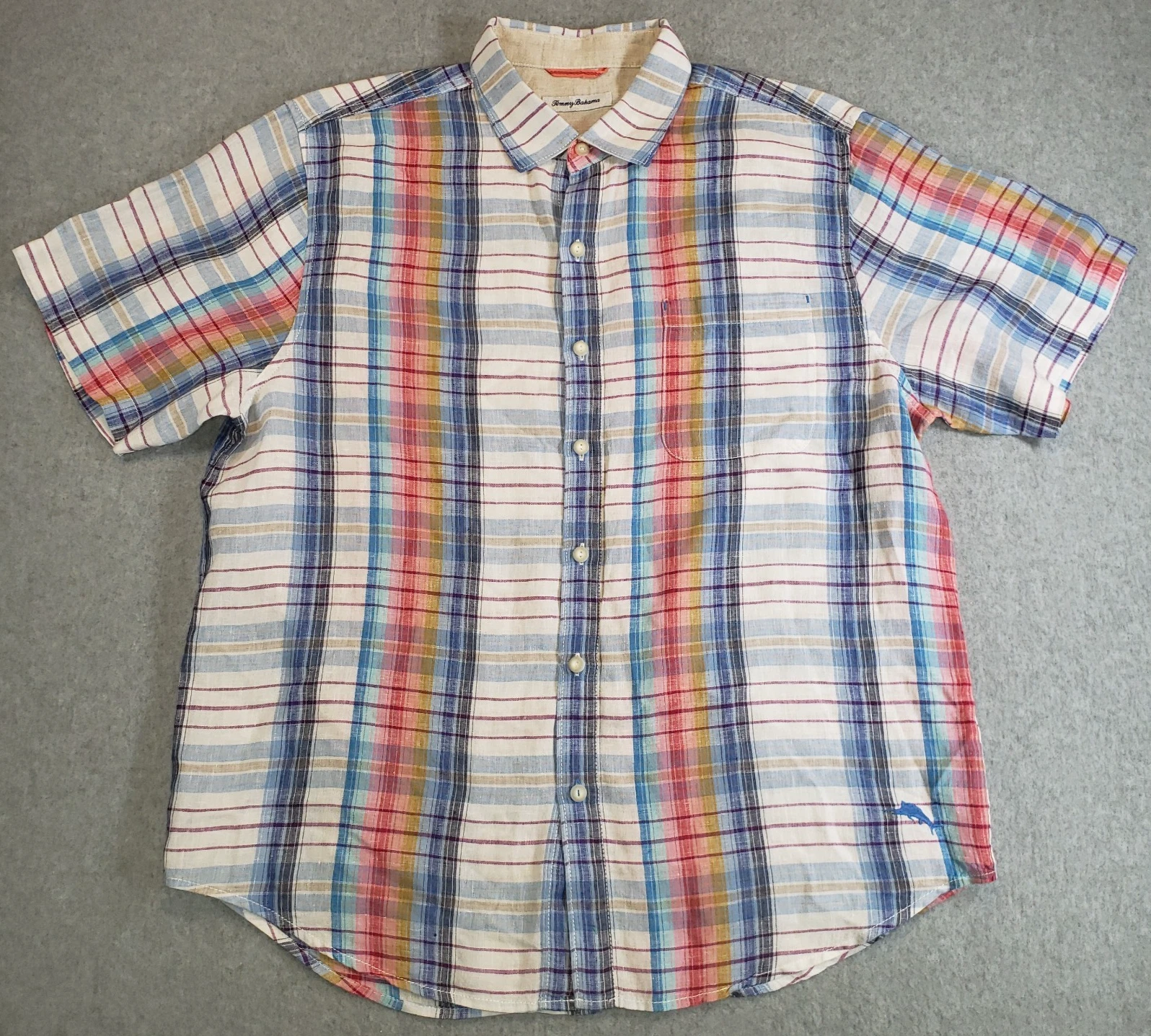 Tommy Bahama Linen Button Down Shirt Mens Multicolor Size L Short Sleeve