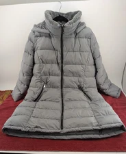 Andrew Marc Womens Mixed Media Puffer Jacket Grey Long Hooded XXL