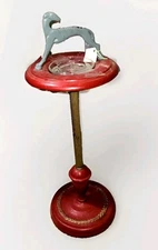 Vintage Art Deco Greyhound Metal Cigar Cigarette Ashtray Stand Painted Red Gold