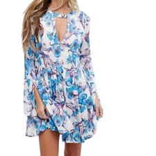 Free People Tegan Blue Floral Printed Cut Out Boho Long Sleeve Mini Dress, Sz 2