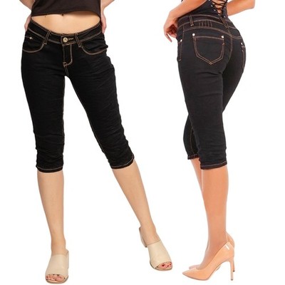 Damen Capri 3/4 Bemuda Jeans Kurze Hose Shorts Sommerhose Stretch Hüft Schwarz 
