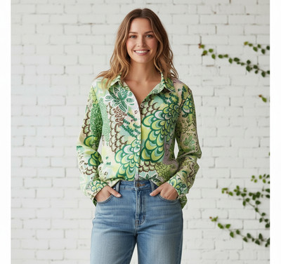 Boohoo L Top Retro Green Floral Button Boho 70s 60s Psychedelic Retro Festival