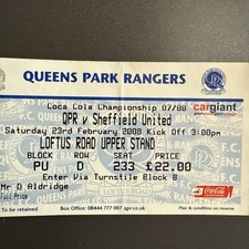 QPR v Sheffield United(Coca Cola Championship 2007/08) 23 2008 Match Ticket FLD
