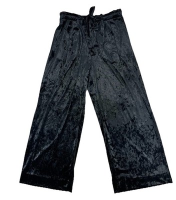 Zara Basic Medium Women Black Velvet Wide Leg Pants Drawstring Tie 35-30