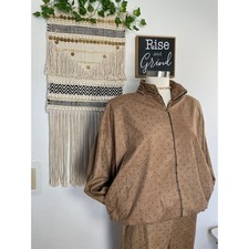 Cache Vintage Caramel Studded Set Satin Lined Bomber Jacket Stretch Pant Suit M