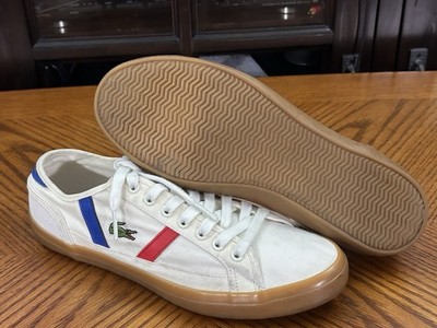 LACOSTE Sideline 119 4 CMA White canvas red & blue Stripe Women Sneakers Sz 7.5