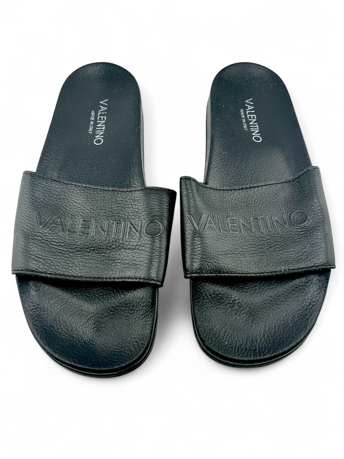 Men's Valentino Pool Slides Sandals Black Leather Made in Italy - Main Image
