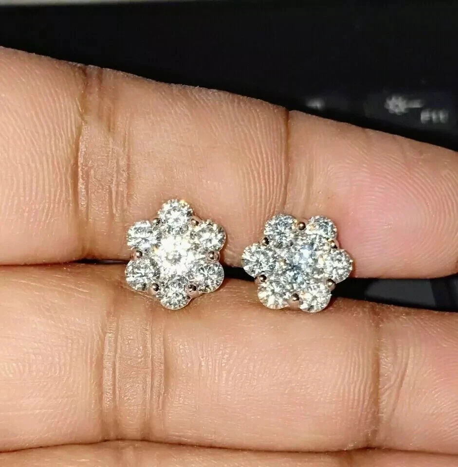 Серьги-гвоздики из белого золота 14 карат с круглым лабораторным кластером бриллиантов 3 карата серебро - Изображение 3 из 3