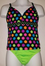 NWT GIRLS 2 PC CANDY GIRL BATHING SUIT SWIMWEAR BLACK W/ COLORFUL POLKA DOTS