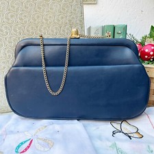 Vintage Retro Navy Blue Vinyl Top Handle Convertible Clutch Handbag Purse 1950's