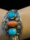 Vintage Southwest Arizona Sterling Silver, Turquoise & Coral Watch Cuff- Heavy! — photo 4