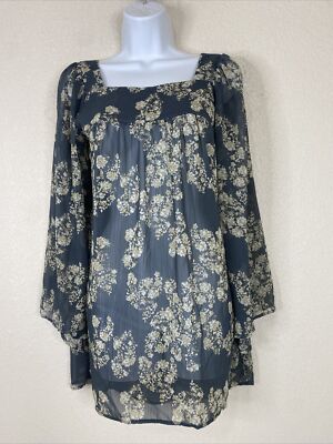 Fire LA Womens Size S Sheer Gray Floral Square Neck Tunic Top Long Sleeve