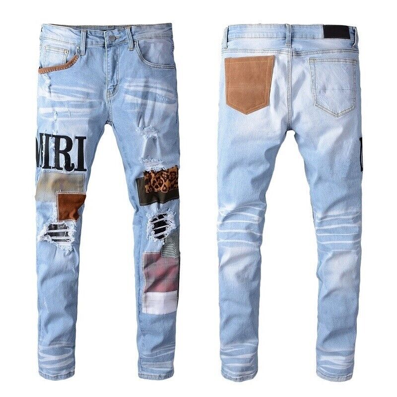 Men's Ripped Embroidery Patchwork Stretch Ripped Leopard Men's Ripped Embroidery Patchwork Stretch Ripped Leopard