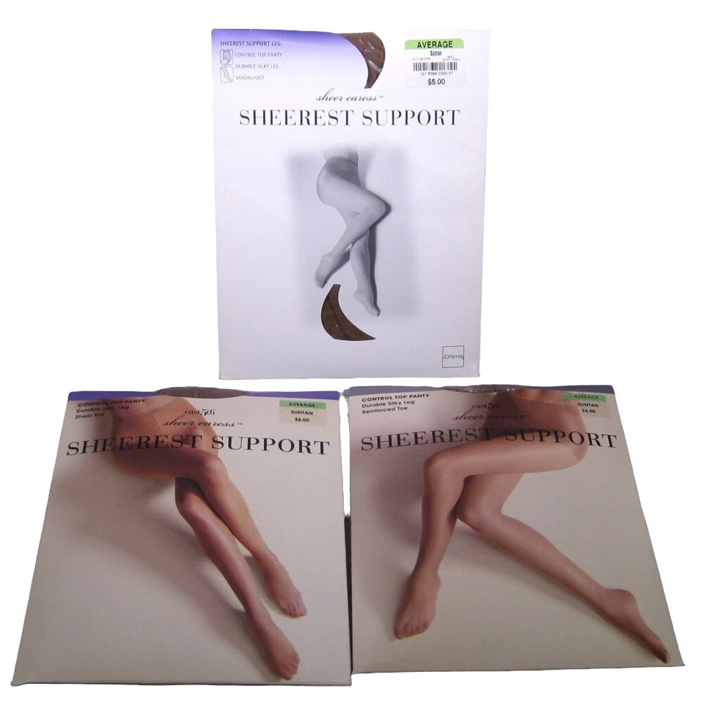 JC Penney Sheer Caress Control Top Pantyhose Suntan Size Average Lot of 3